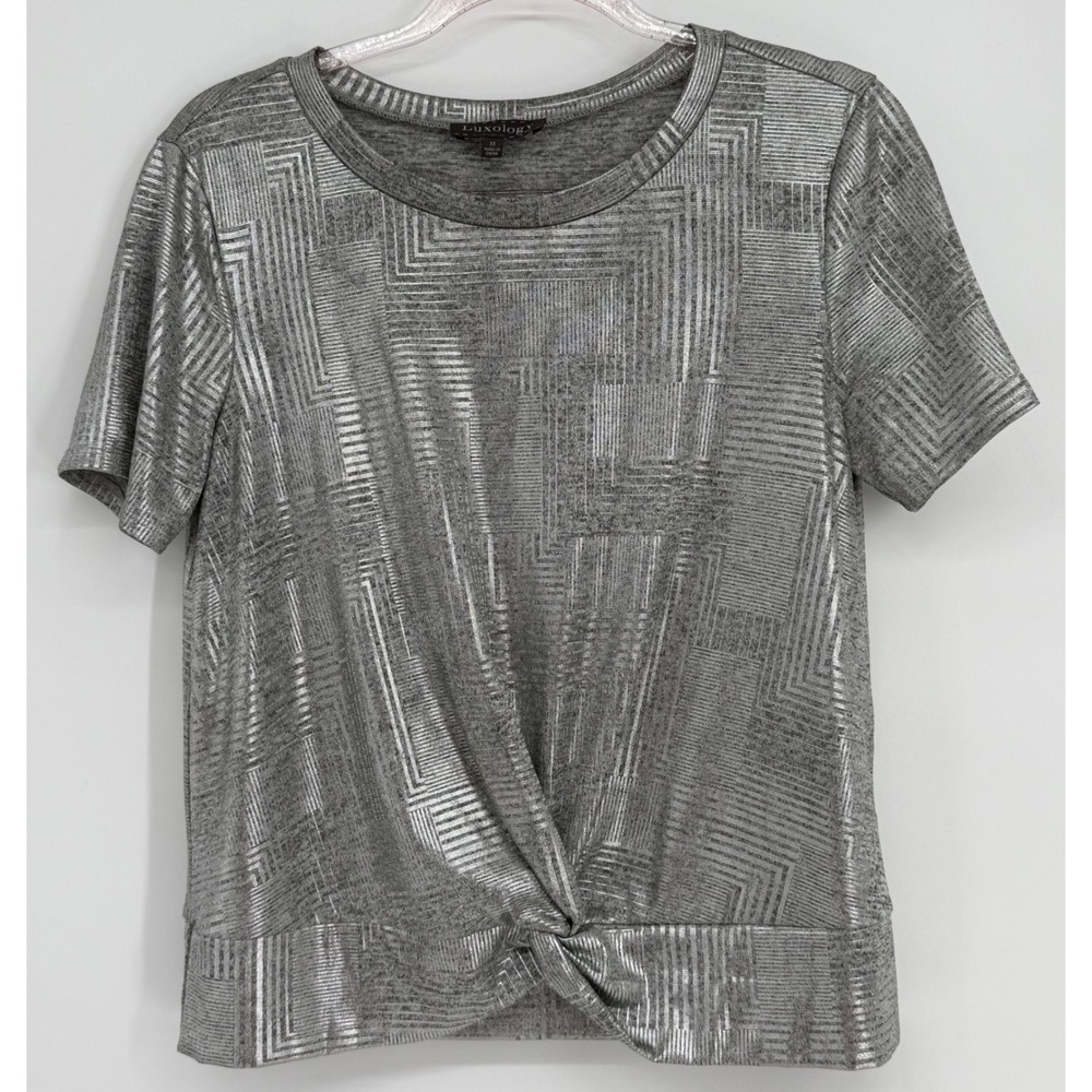 Luxology Womens Silver Metallic Geometric Twist Front Knit Top Grey Sz M